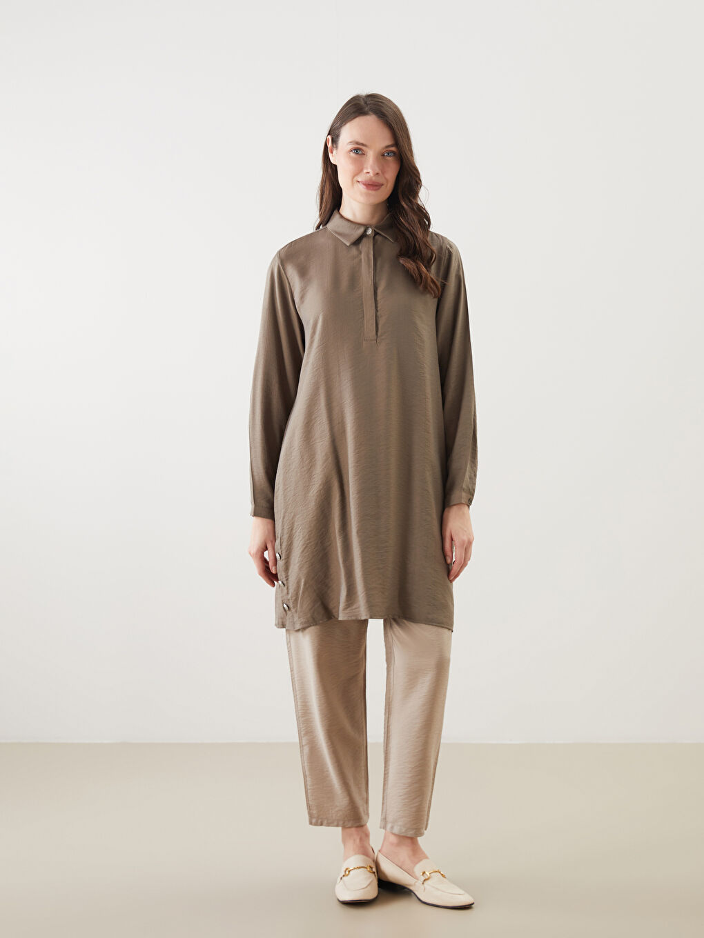 Kahverengi Gömlek Yaka Kadın Tunik-1