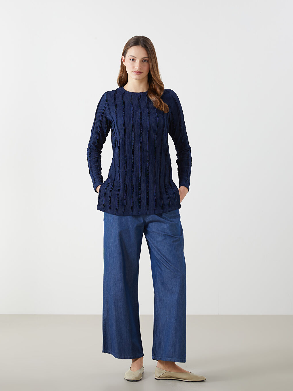 Wideleg Women's Jeans With Elastic Waist -S5I500Z8-563