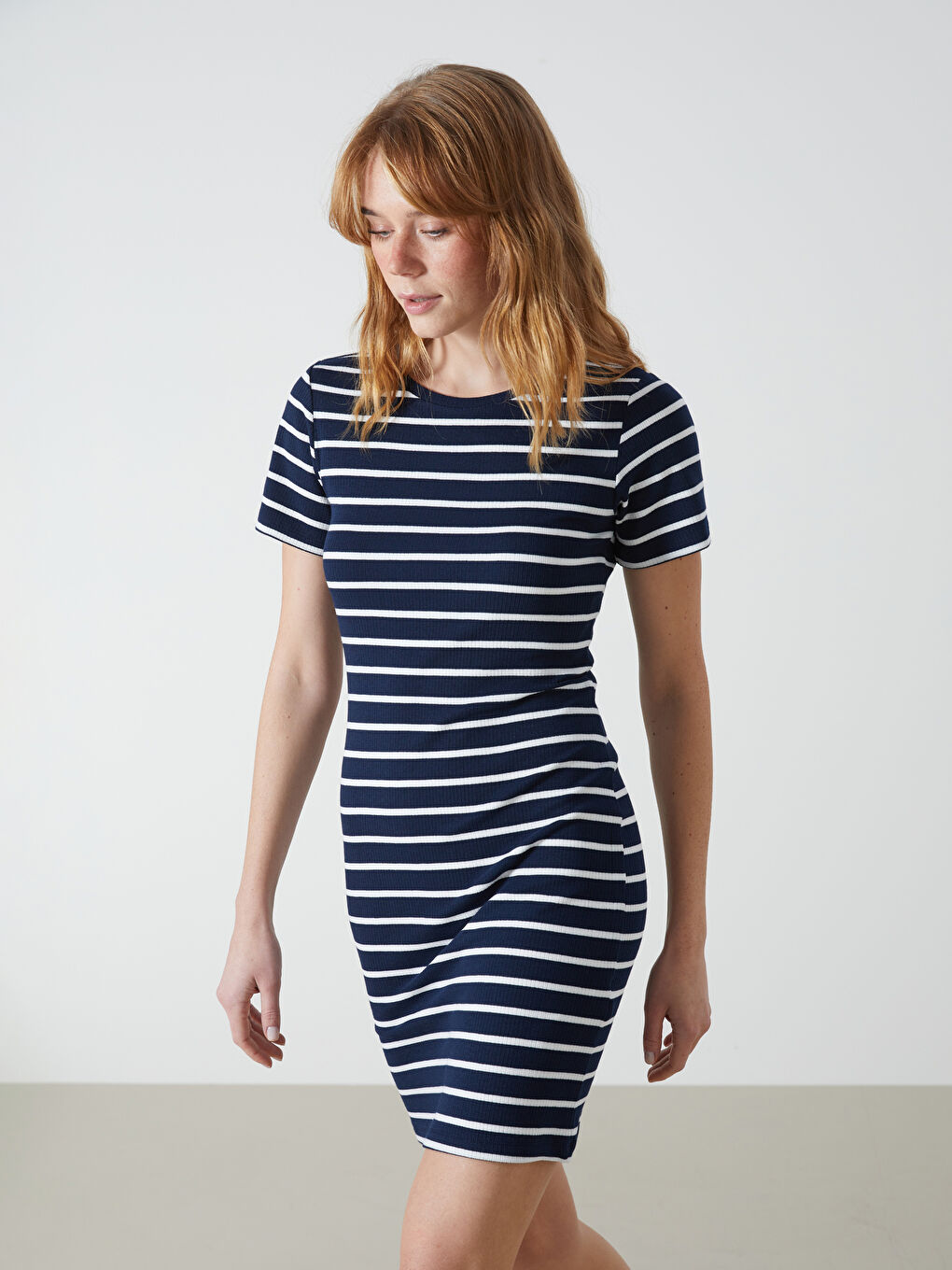 Lacivert Bisiklet Yaka Çizgili Elbise
