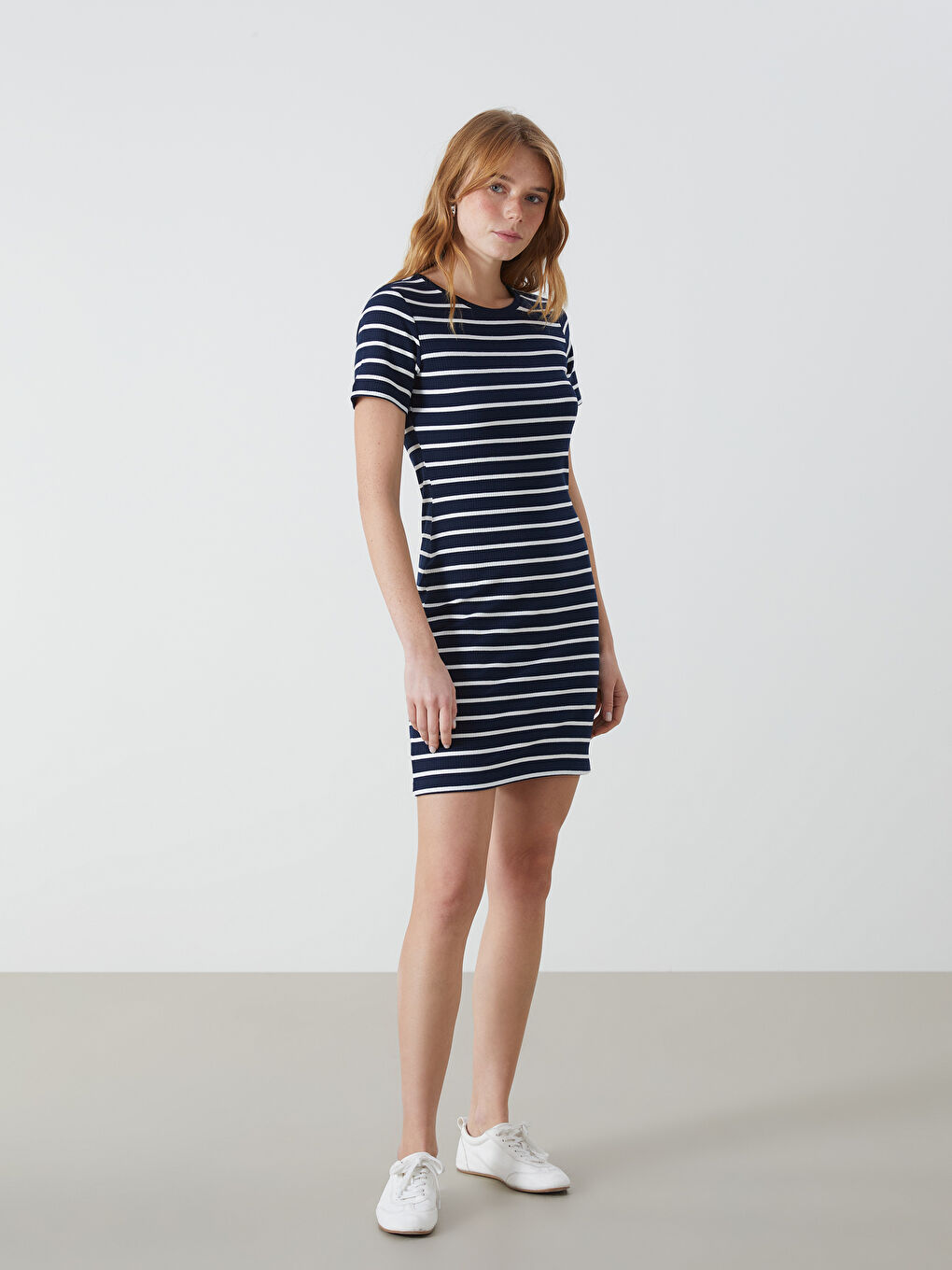 Lacivert Bisiklet Yaka Çizgili Elbise-1