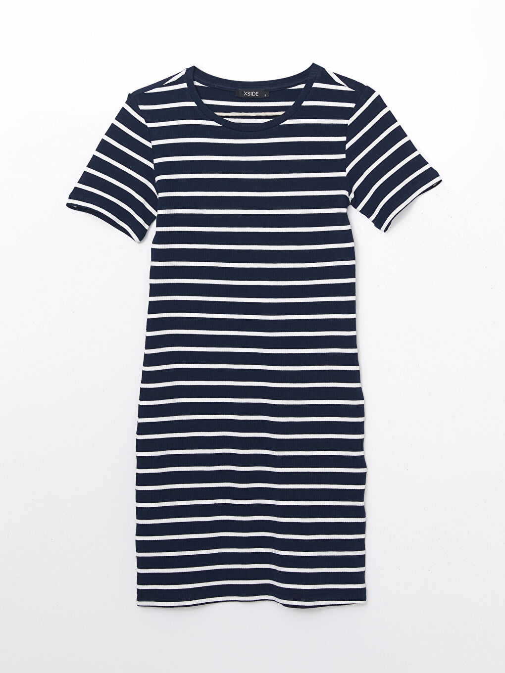 Lacivert Bisiklet Yaka Çizgili Elbise-4
