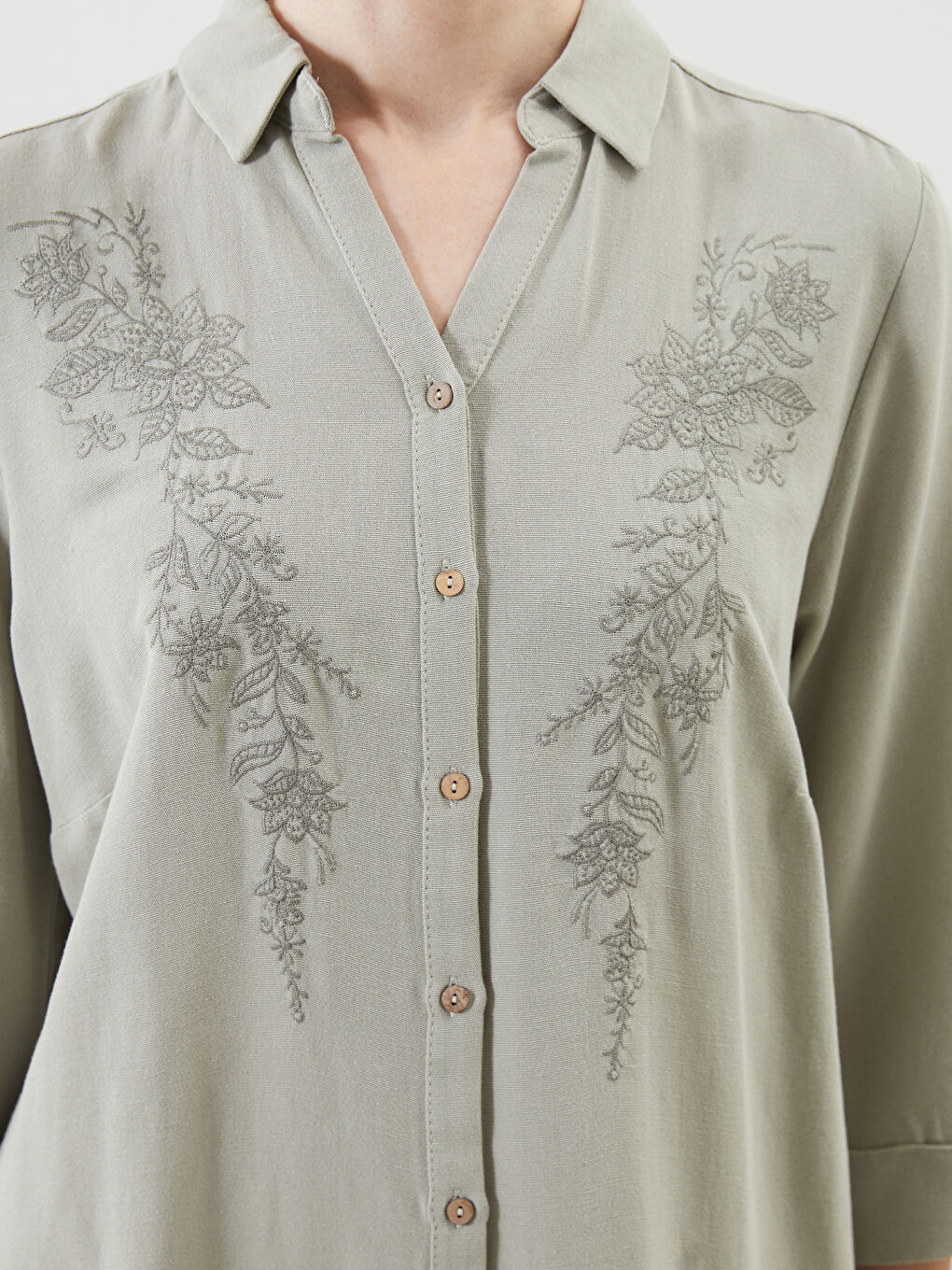 Haki Çiçekli Keten Karışımlı Kadın Gömlek-5