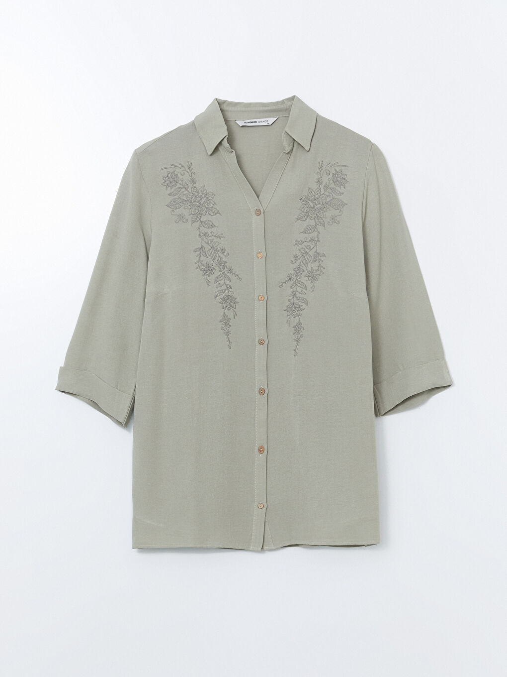 Haki Çiçekli Keten Karışımlı Kadın Gömlek-7