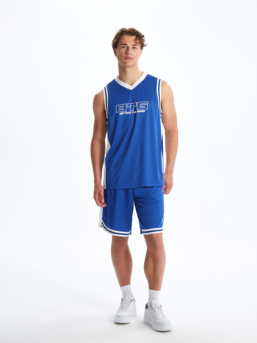 Mavi Bisiklet Yaka Baskılı Erkek Kolsuz Tişört-1