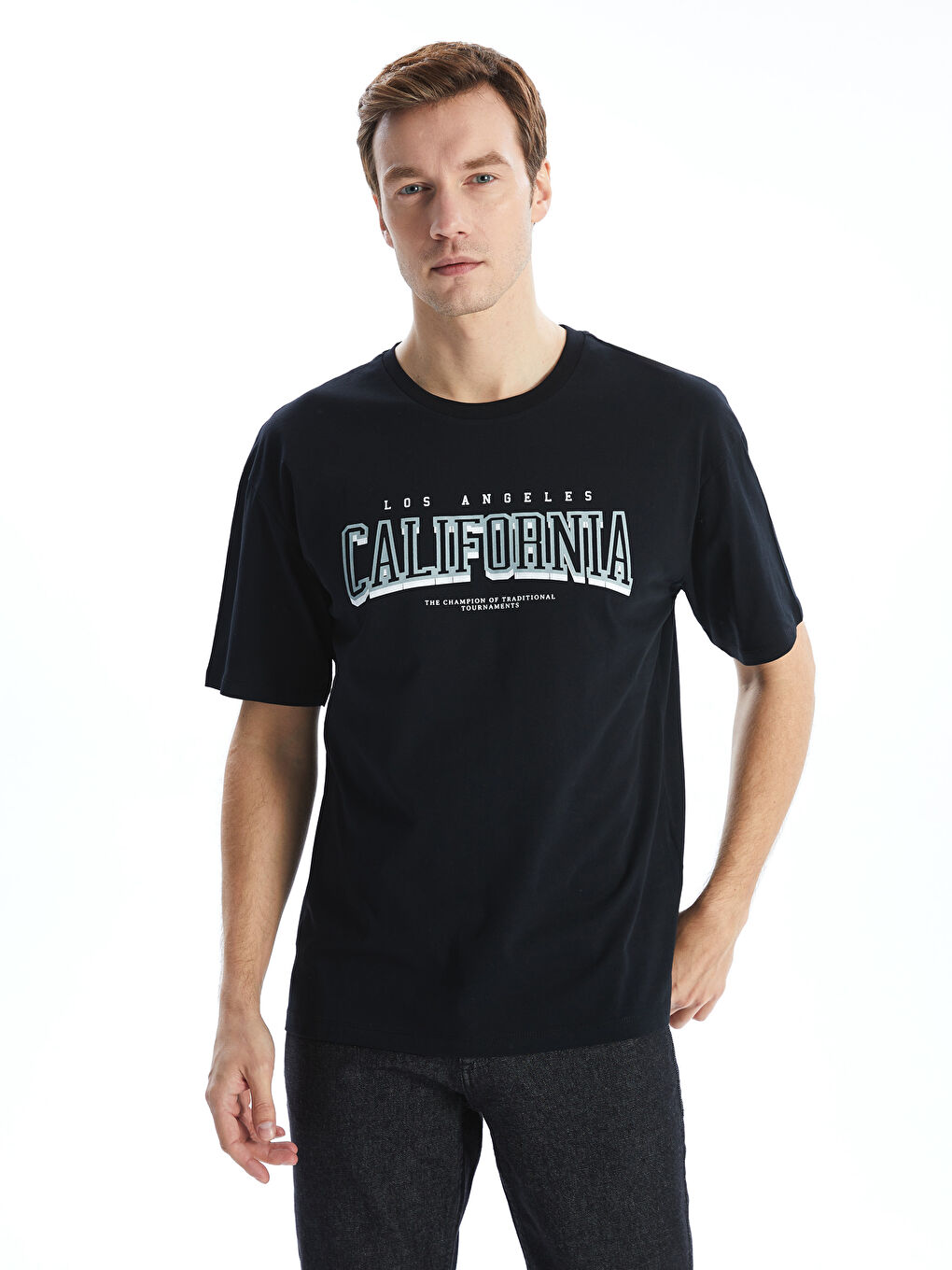 Siyah Bisiklet Yaka Kısa Kollu Baskılı Penye Erkek Tişört