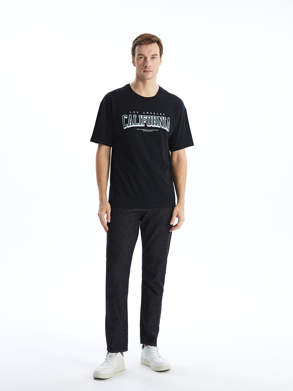 Siyah Bisiklet Yaka Kısa Kollu Baskılı Penye Erkek Tişört-1