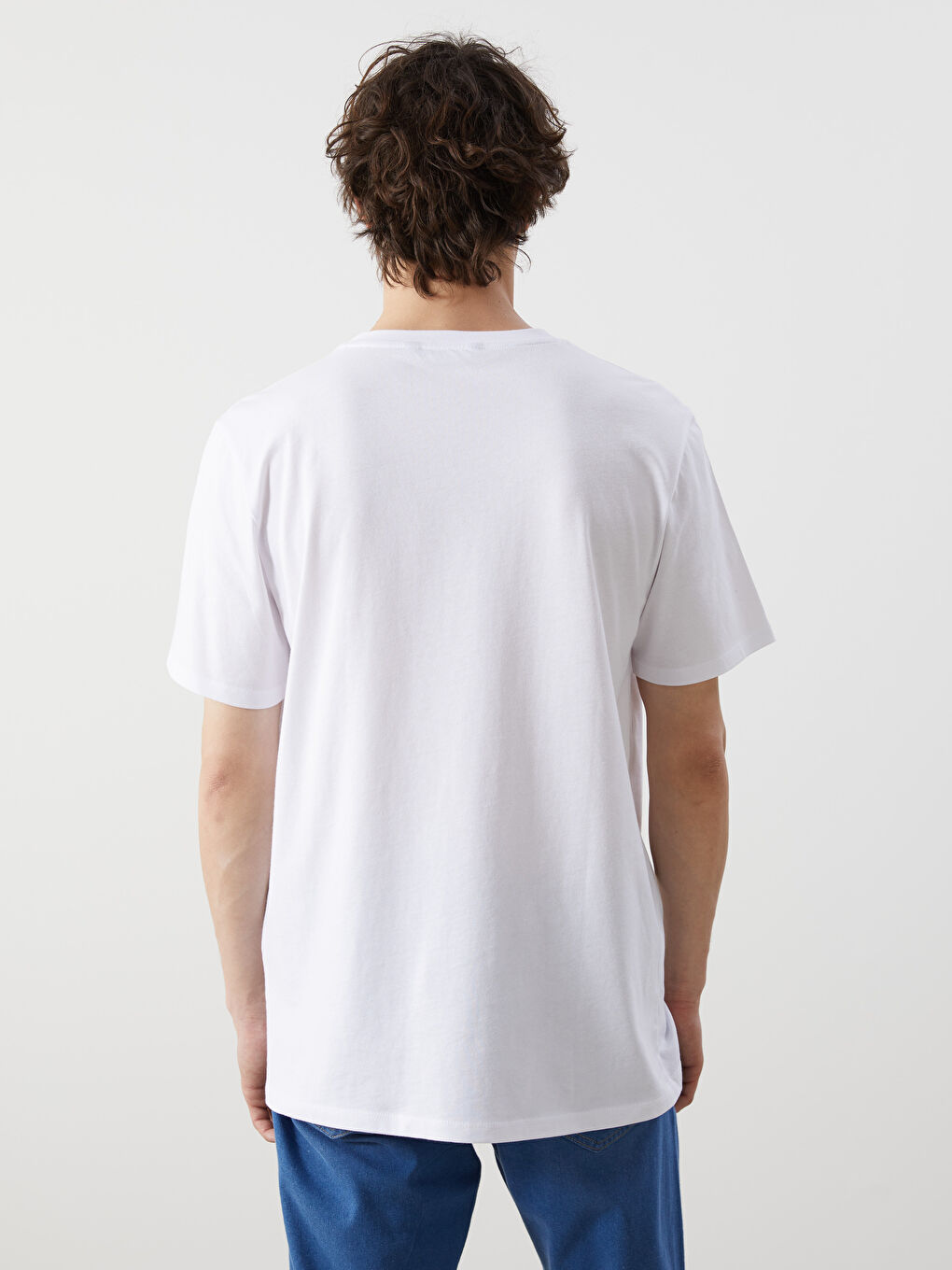 Beyaz Bisiklet Yaka Baskılı Erkek Tişört-3