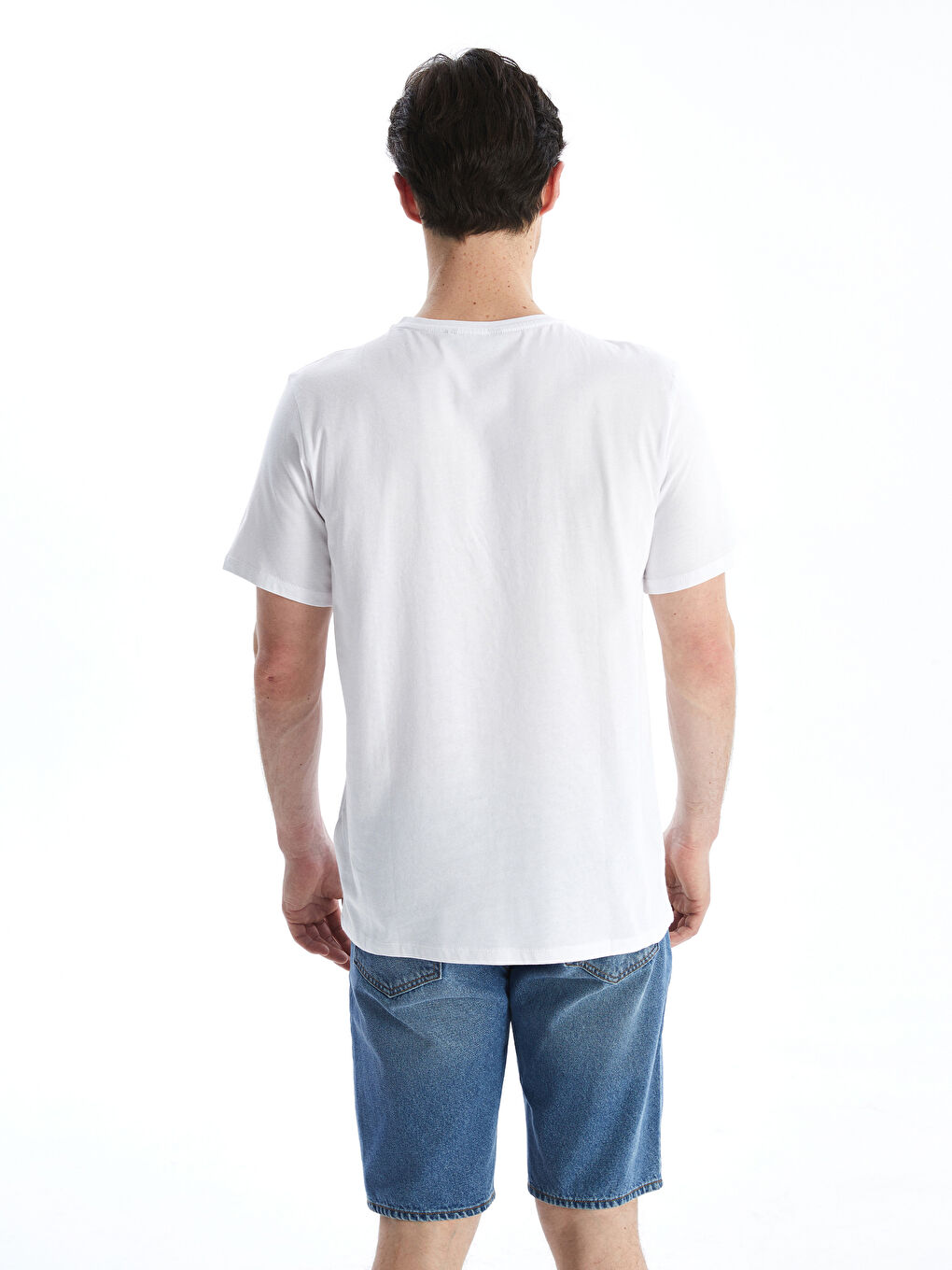 Beyaz Bisiklet Yaka Baskılı Erkek Tişört-3