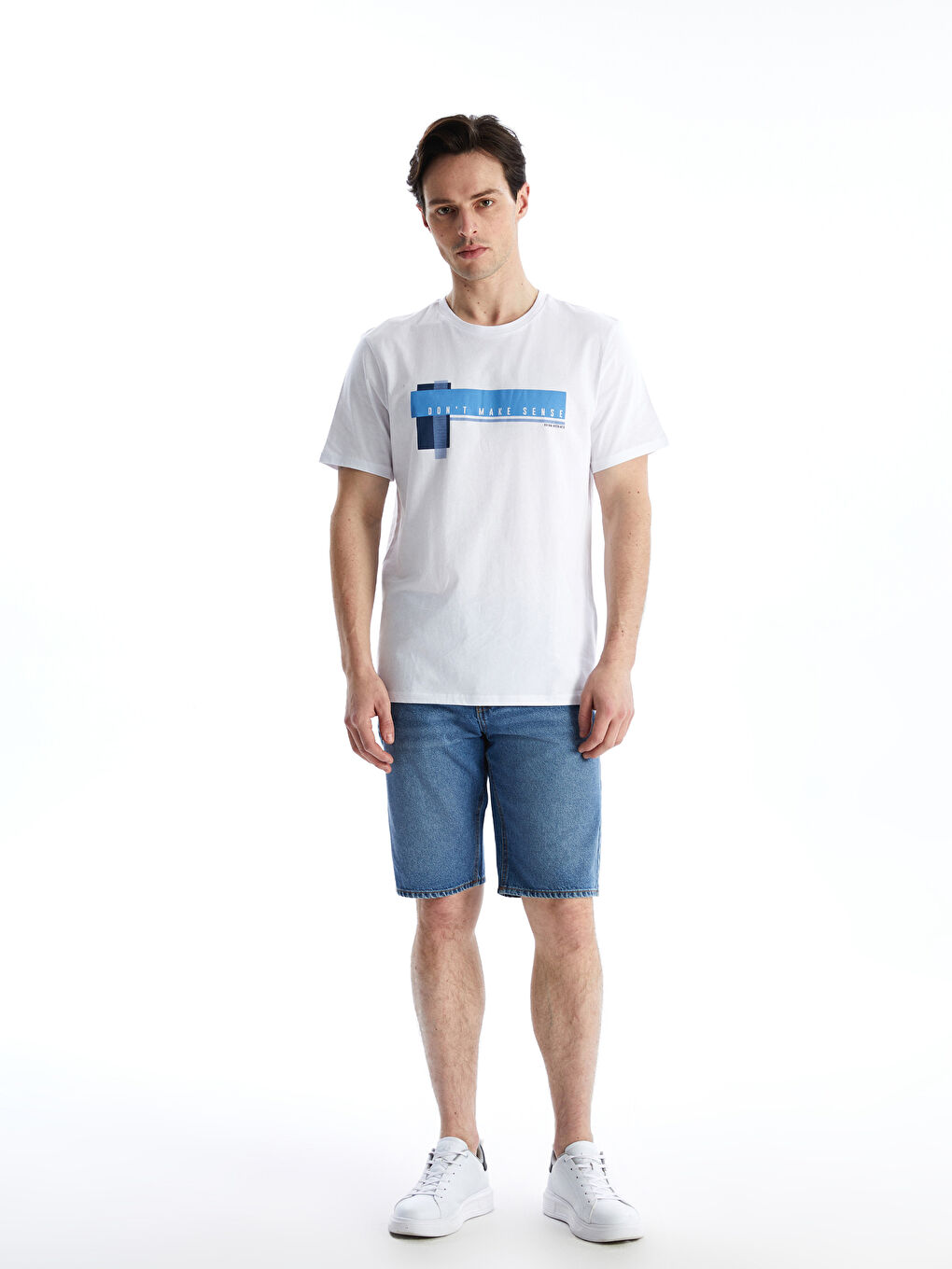 Beyaz Bisiklet Yaka Kısa Kollu Baskılı Penye Erkek Tişört-1