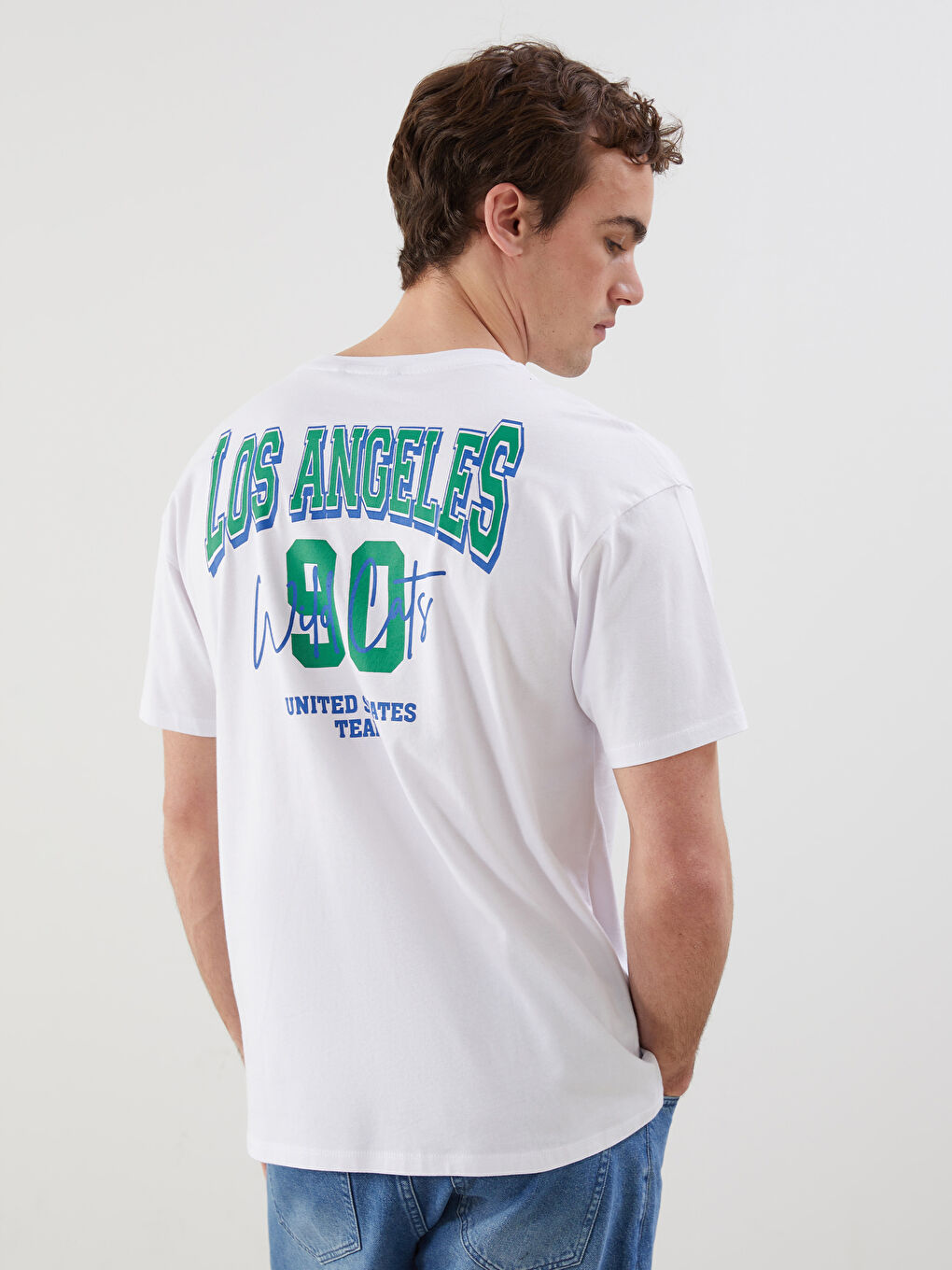 Beyaz Bisiklet Yaka Kısa Kollu Baskılı Penye Erkek Tişört