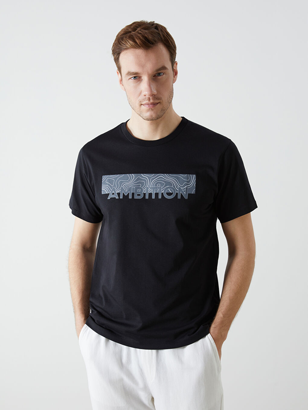Siyah Bisiklet Yaka Kısa Kollu Baskılı Penye Erkek Tişört