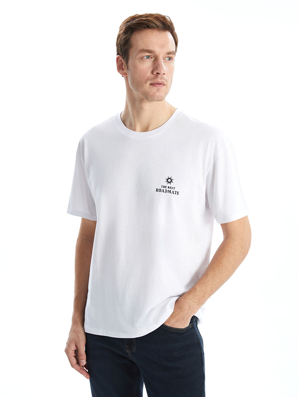 Beyaz Bisiklet Yaka Baskılı Erkek Tişört