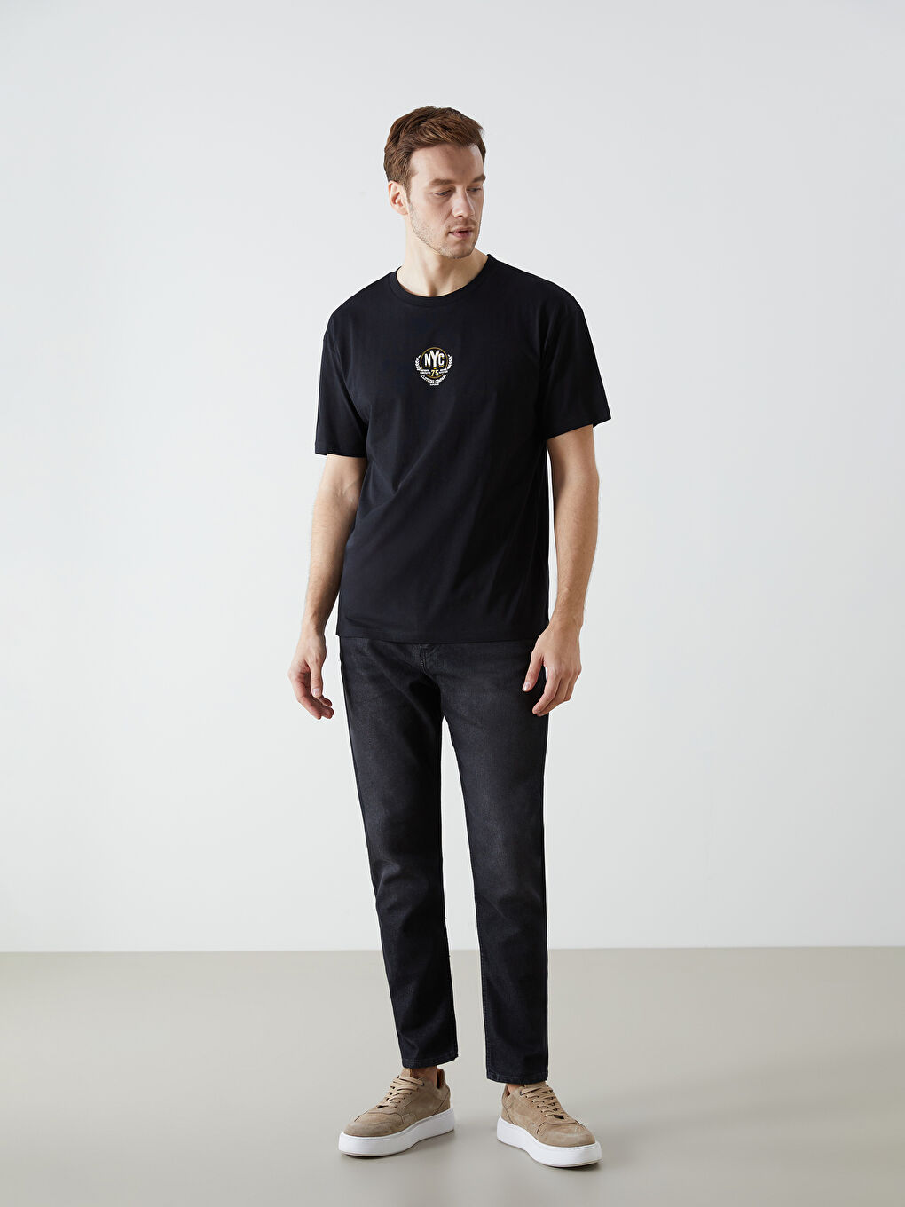 Siyah Bisiklet Yaka Kısa Kollu Baskılı Penye Erkek Tişört-1