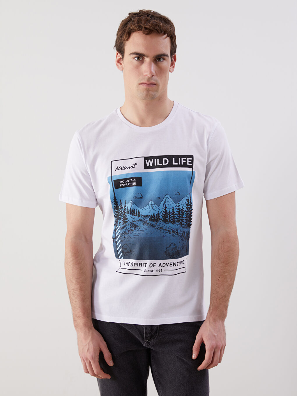 Beyaz Bisiklet Yaka Kısa Kollu Baskılı Penye Erkek Tişört