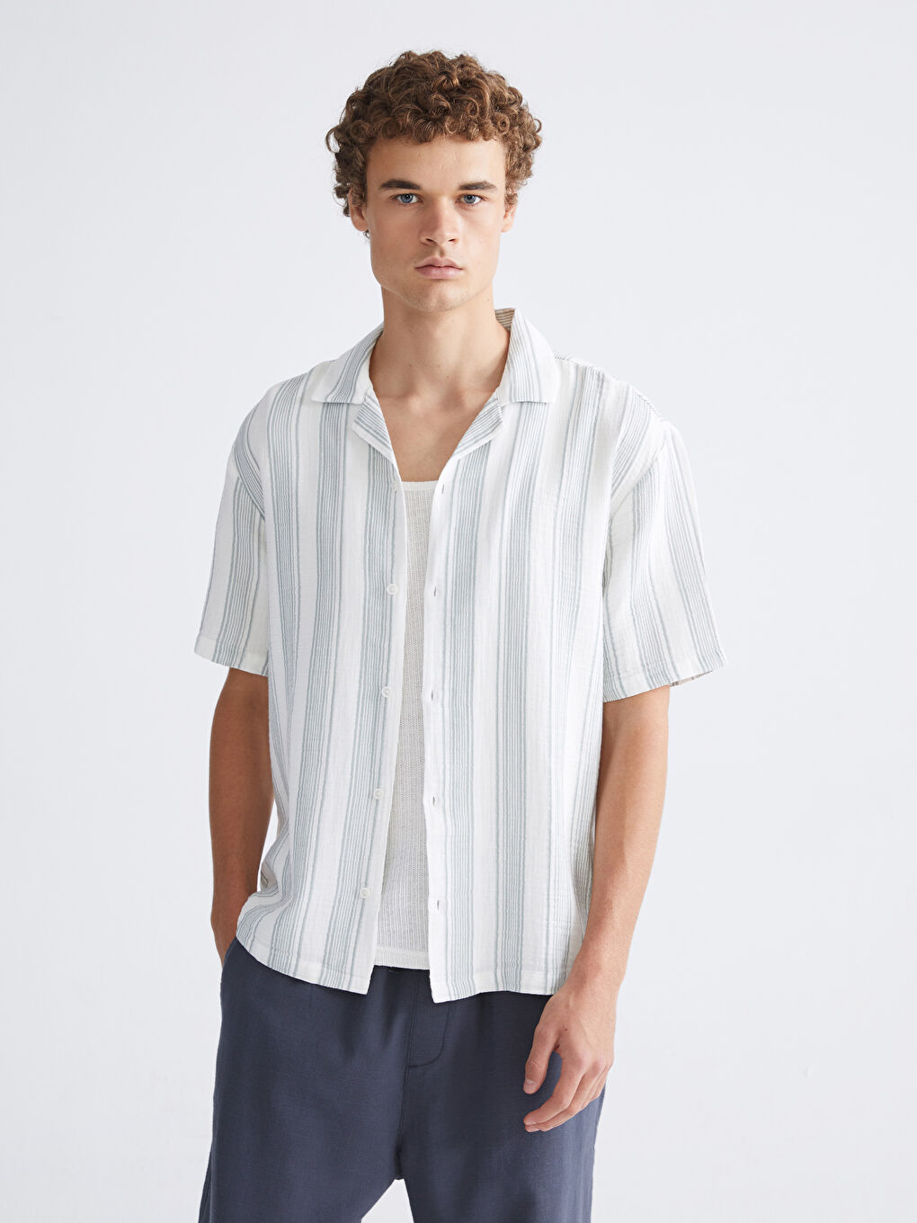 Yeşil Regular Fit Müslin Kırışık Erkek Gömlek