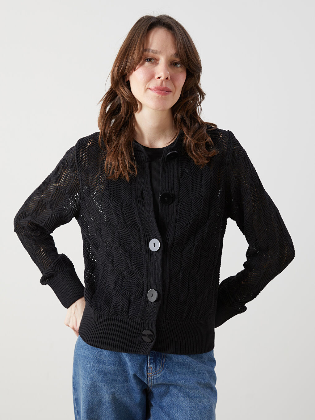 Crew Neck Eyelet Women'S Knit Cardigan -S5I613Z8-CVL