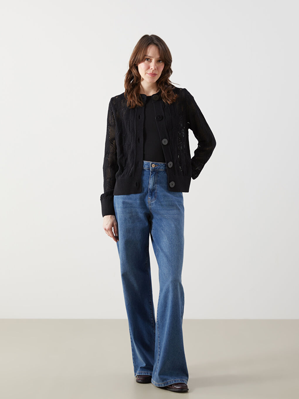 Crew Neck Eyelet Women'S Knit Cardigan -S5I613Z8-CVL