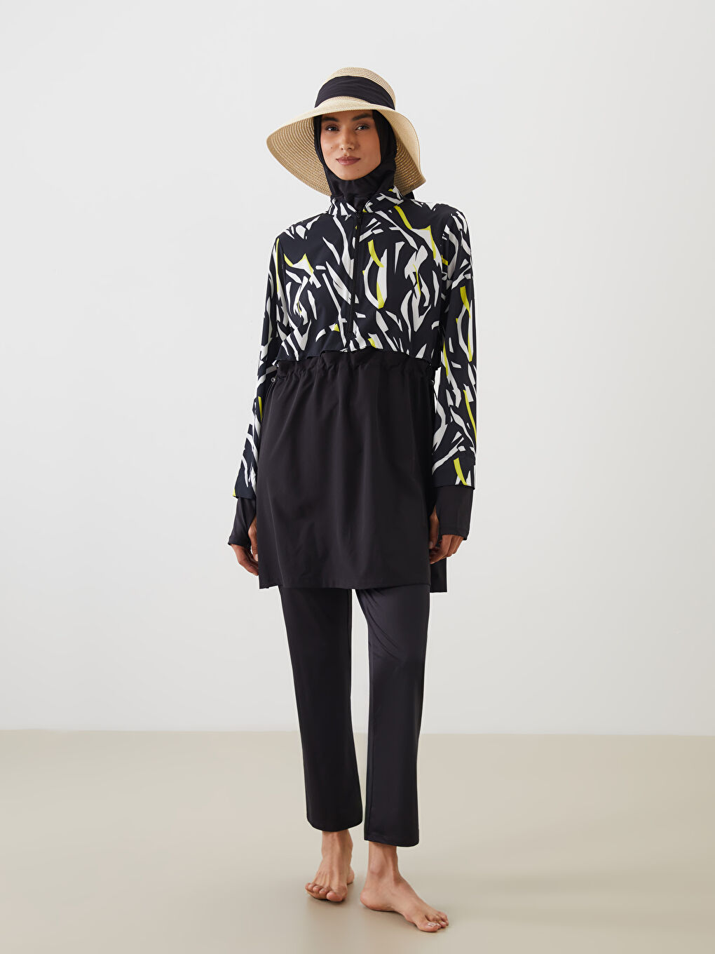Funnel Neck Patterned Women's Modest Swimsuit Set -S5I625Z8-LQJ