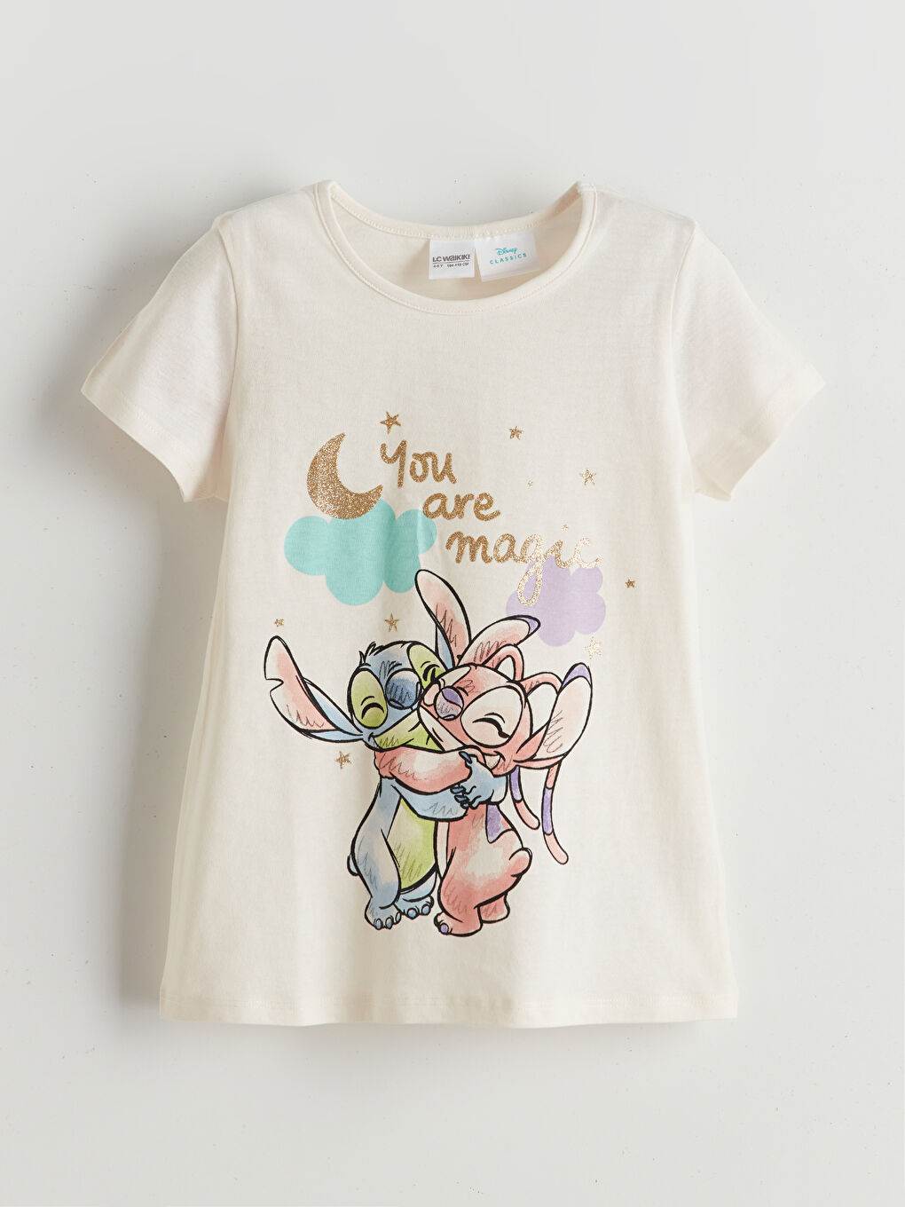 Ekru Angel & Stitch Baskılı Kız Bebek Pijama Üst