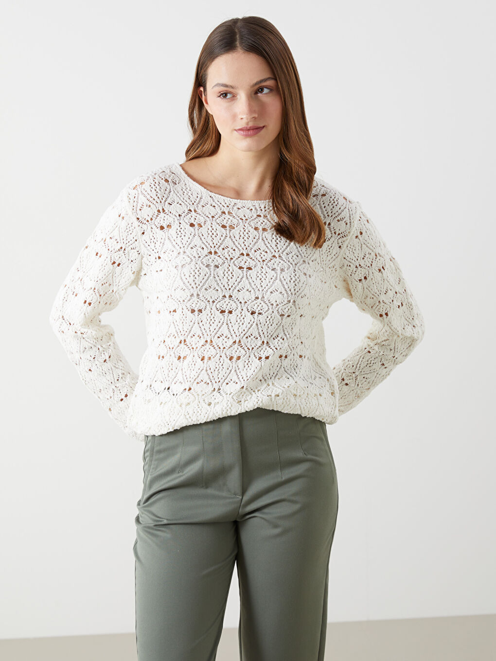 Crew Neck Openwork Women's Knitwear Sweater -S5I679Z8-R9J