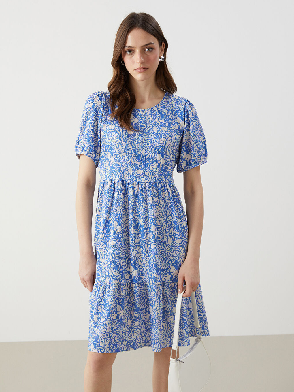 Mavi Bisiklet Yaka Çiçekli Mini Elbise-1