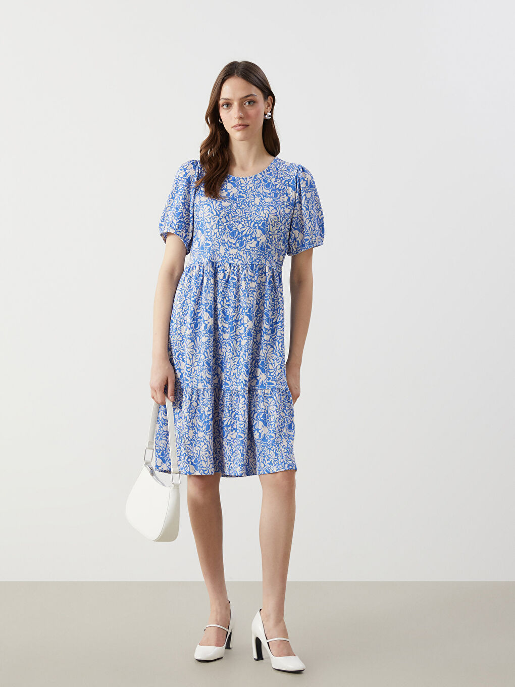 Mavi Bisiklet Yaka Çiçekli Mini Elbise-3