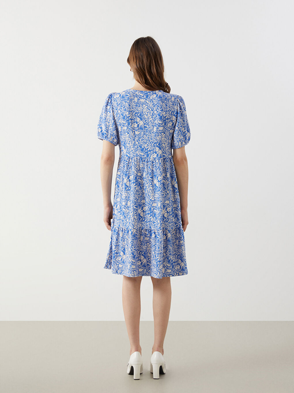 Mavi Bisiklet Yaka Çiçekli Mini Elbise-7