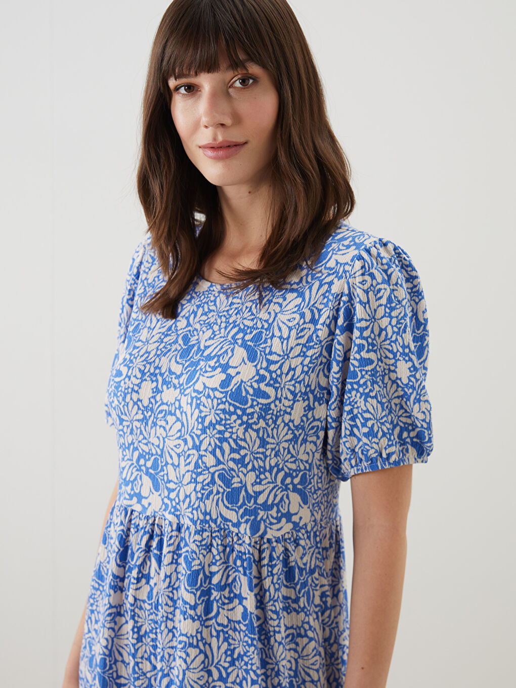 Mavi Bisiklet Yaka Çiçekli Mini Elbise-2