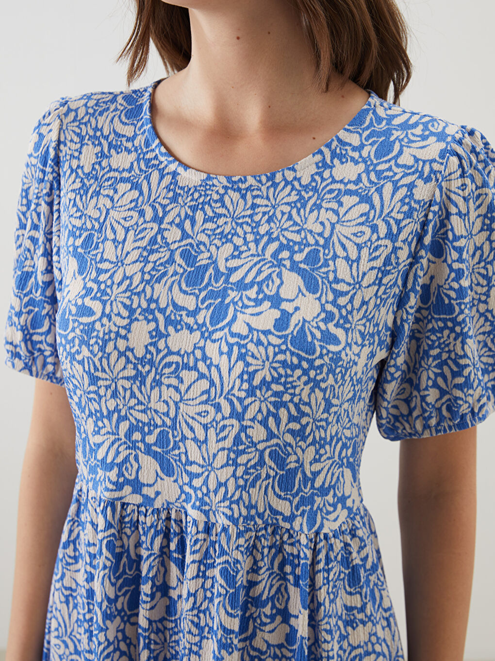 Mavi Bisiklet Yaka Çiçekli Mini Elbise-4