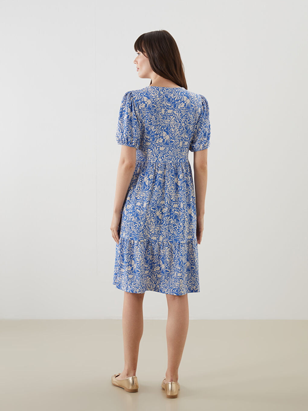 Mavi Bisiklet Yaka Çiçekli Mini Elbise-6