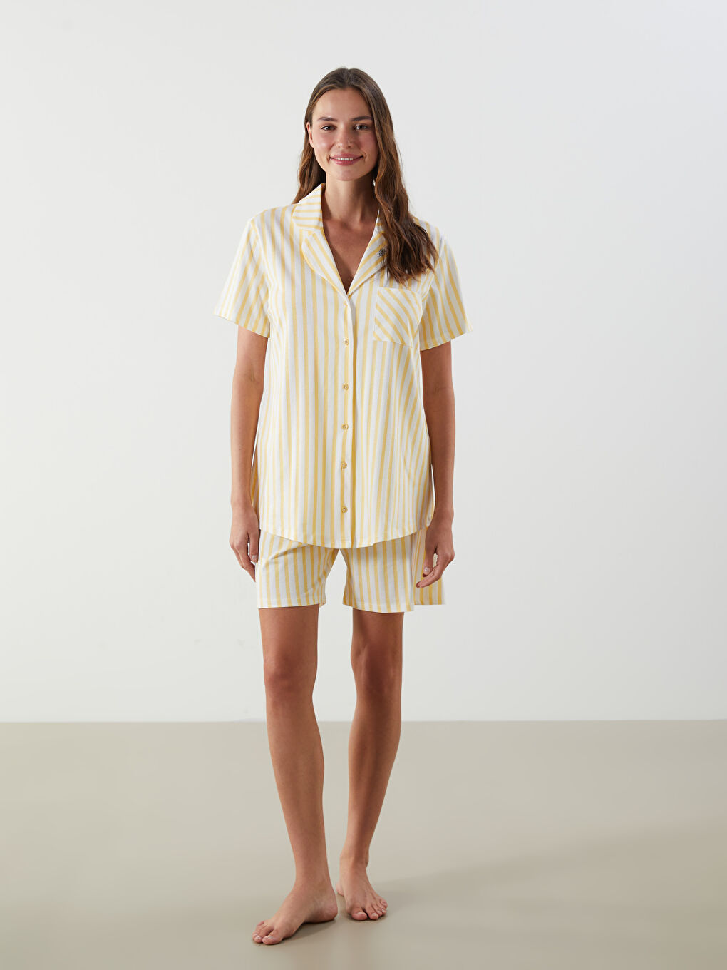 Collared Neck Striped Maternity Shorts Pyjama Set -S5I954Z8-LRA