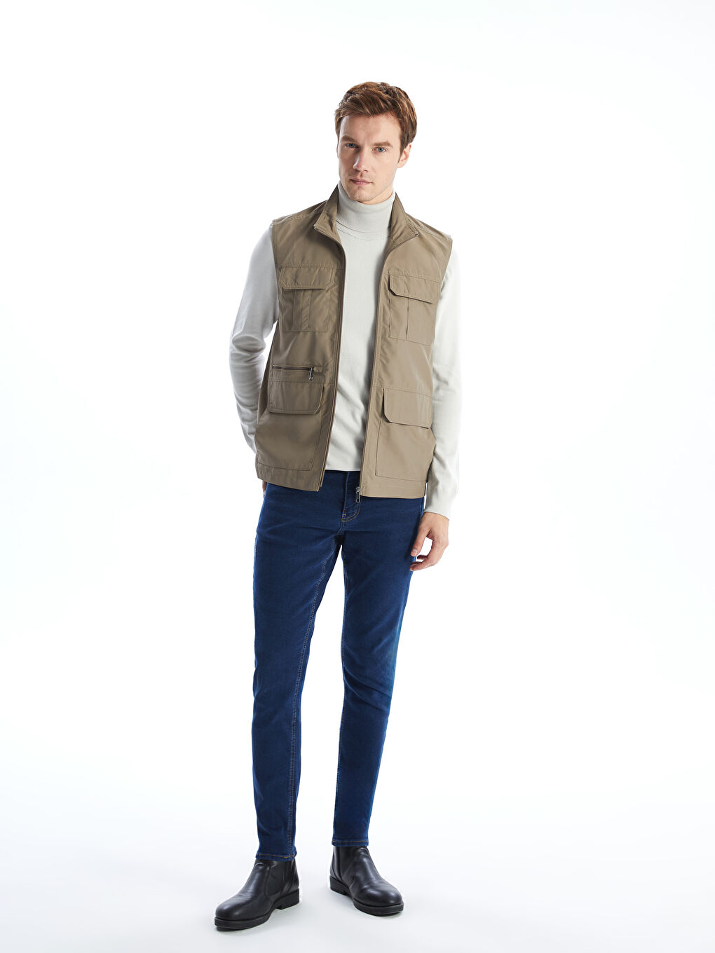 Bej Standart Kalıp Dik Yaka Erkek Avcı Yeleği-1