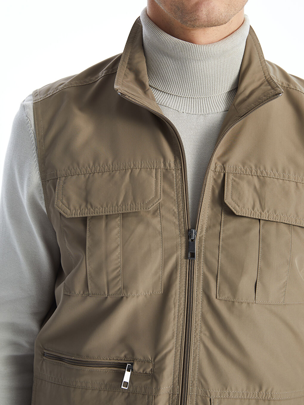 Bej Standart Kalıp Dik Yaka Erkek Avcı Yeleği-2