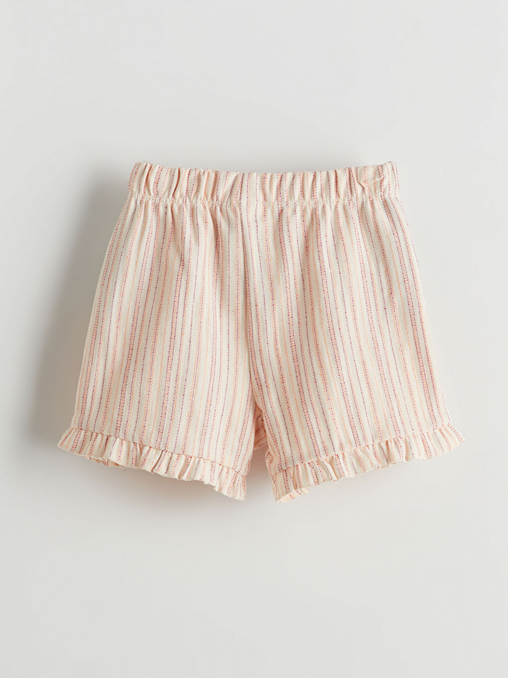 Ekru Beli Lastikli Çizgili Fırfırlı Kız Bebek Şort-1