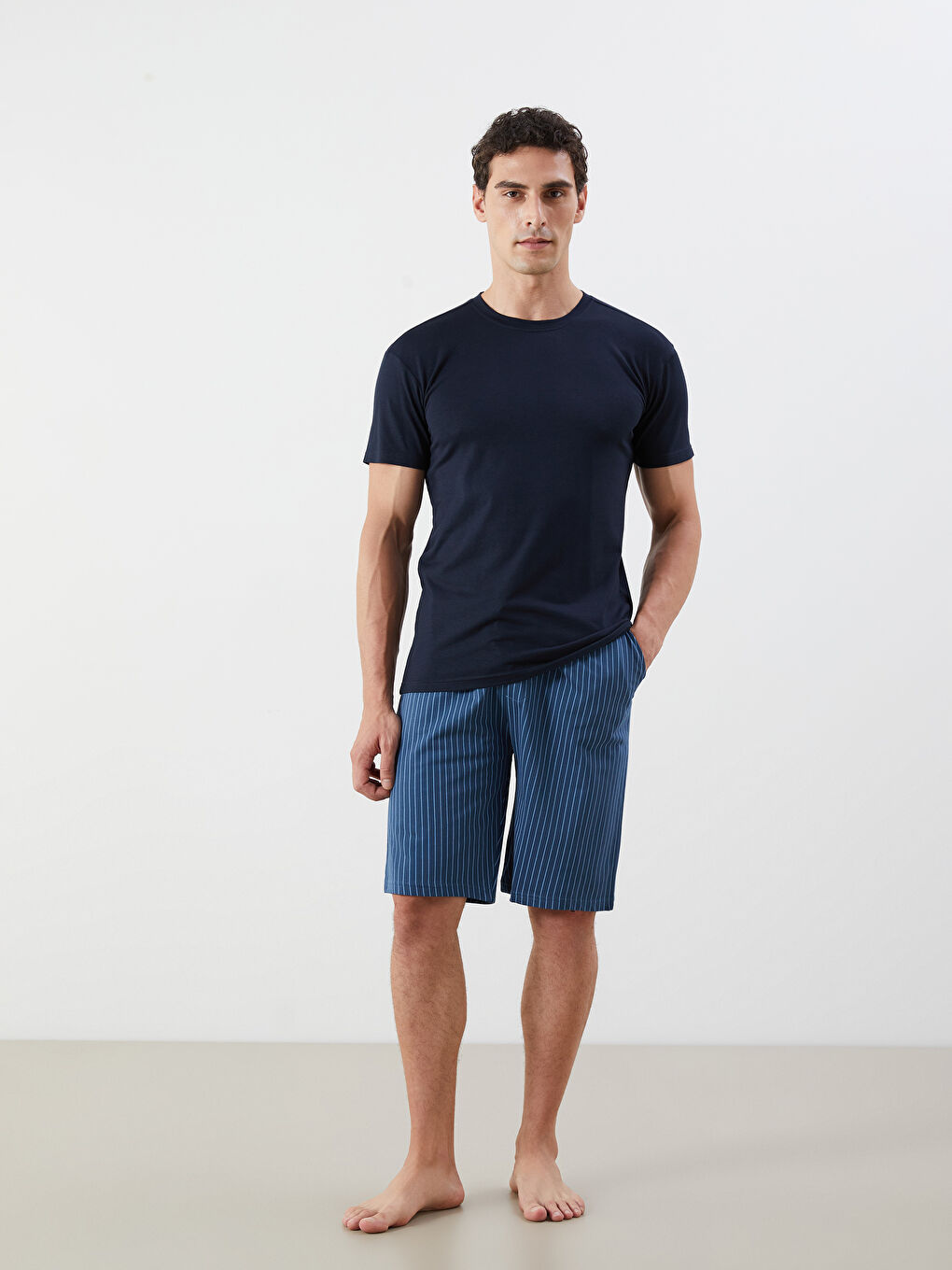 Lacivert Bisiklet Yaka Kısa Kollu Erkek Pijama Üst-3