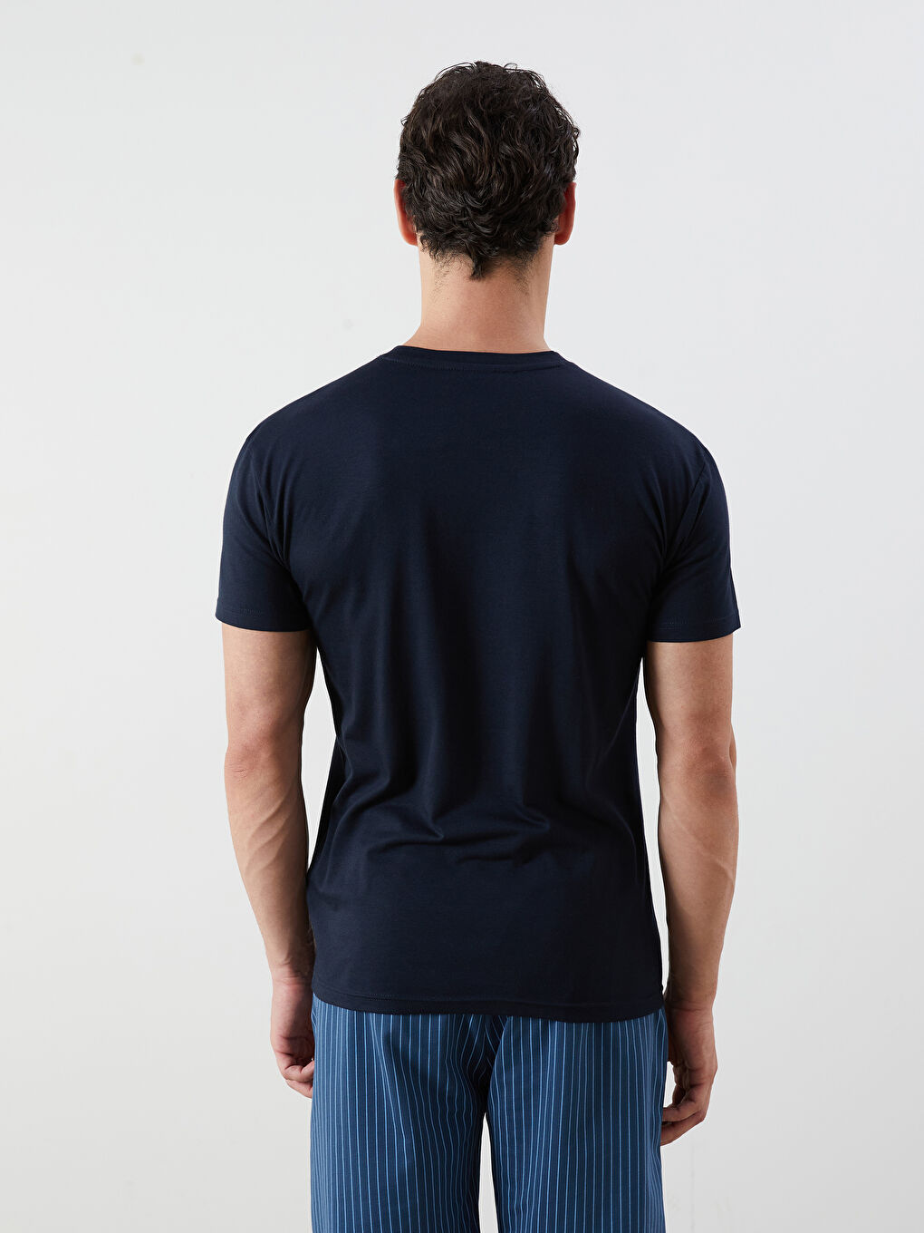 Lacivert Bisiklet Yaka Kısa Kollu Erkek Pijama Üst-7