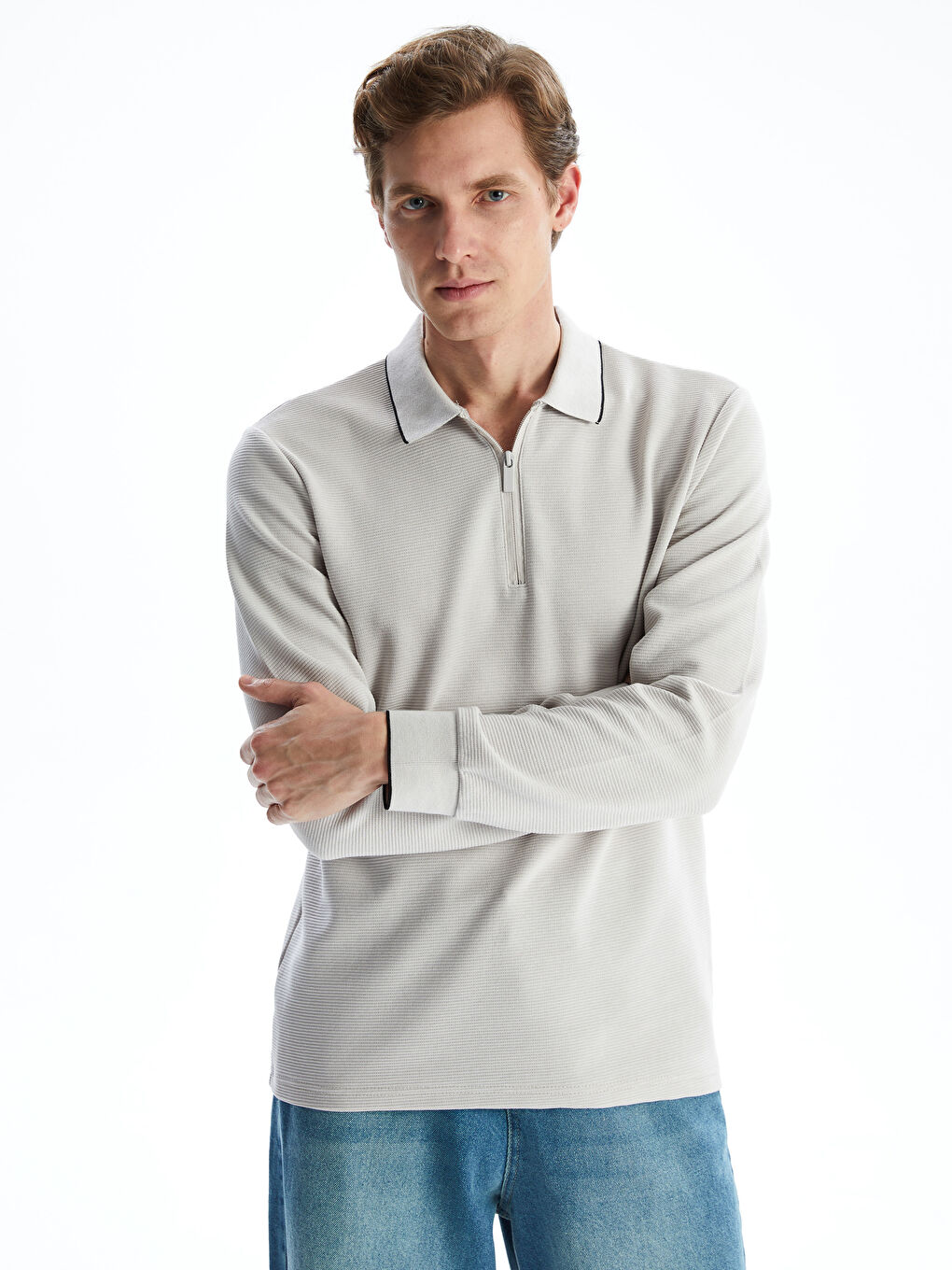 LCWAIKIKI Classic Gri Polo Yaka Uzun Kollu Erkek Sweatshirt