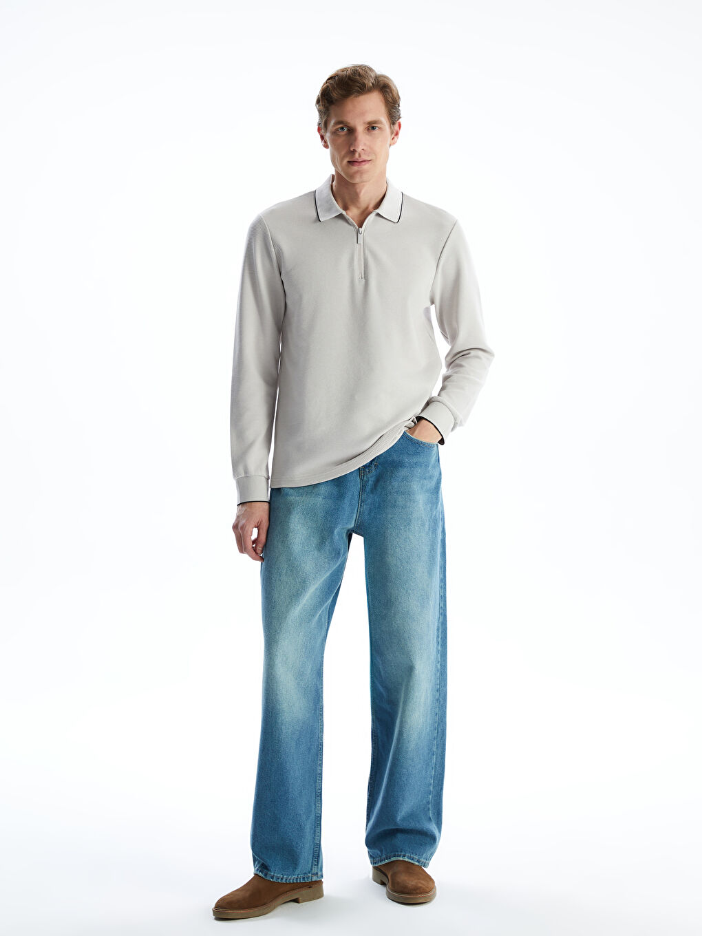 LCWAIKIKI Classic Gri Polo Yaka Uzun Kollu Erkek Sweatshirt - 1