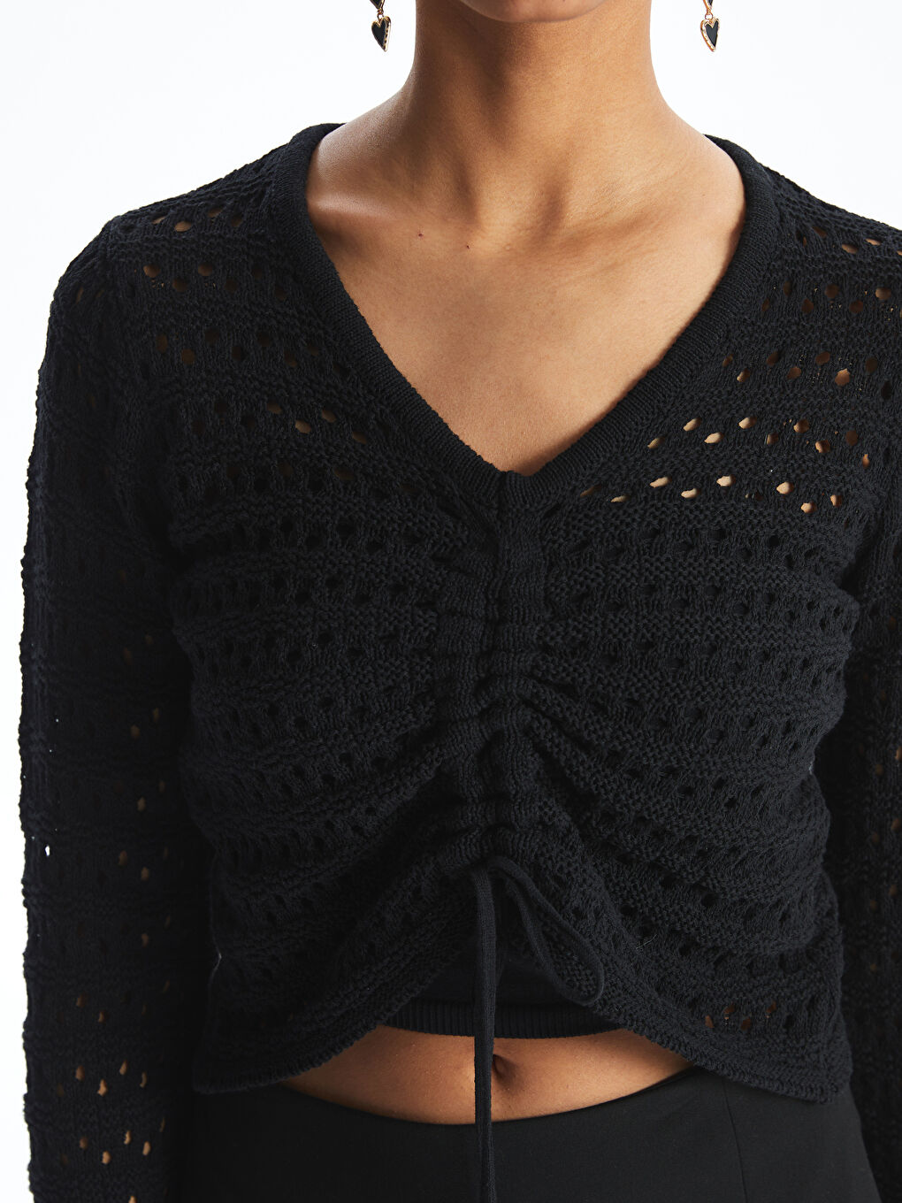 Siyah V Yaka Ajurlu Kadın Triko Kazak-2
