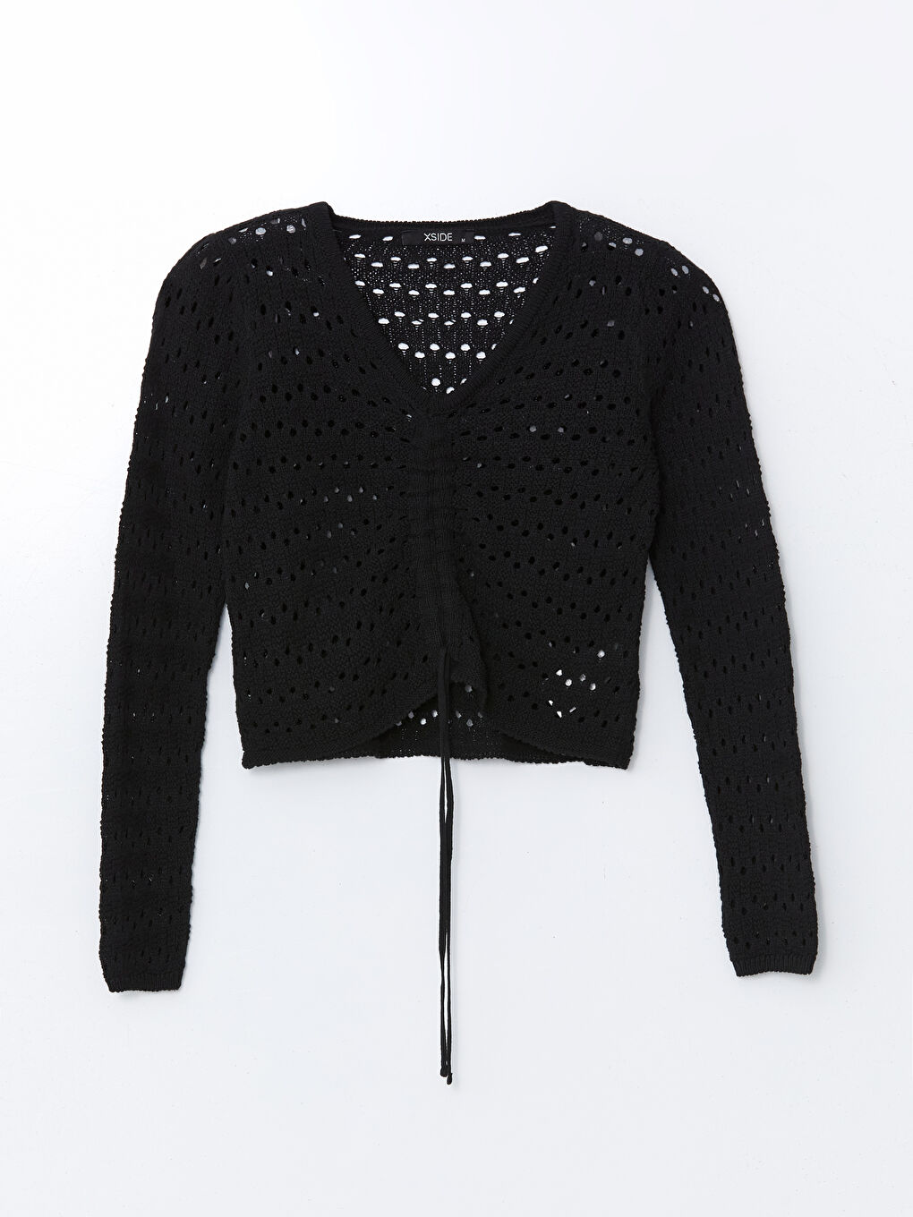 Siyah V Yaka Ajurlu Kadın Triko Kazak-4