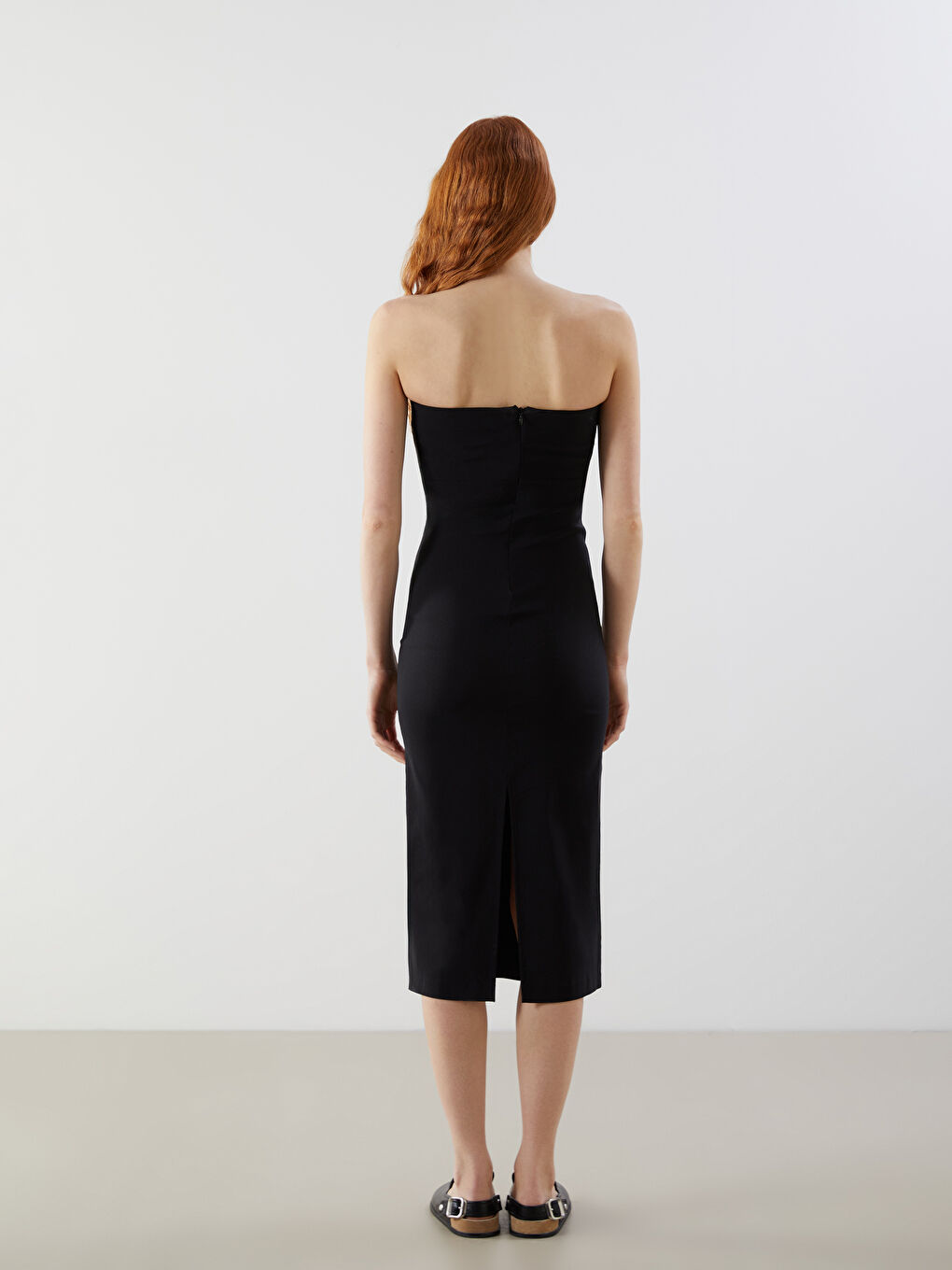 Siyah Kadın Straplez Yaka Düz Elbise-3