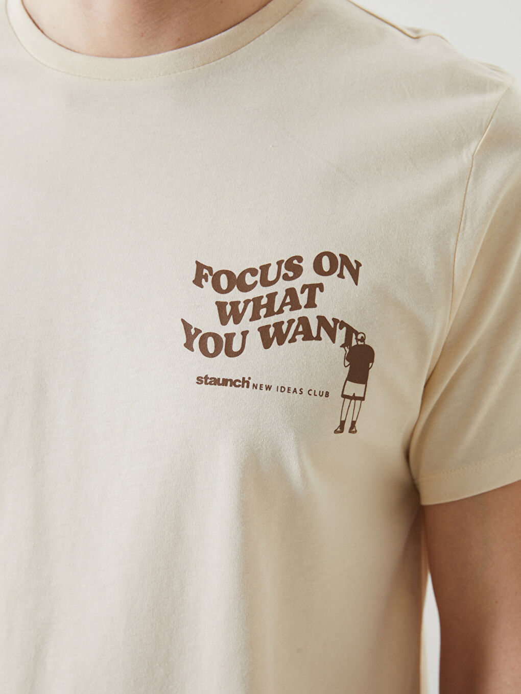 Bej Bisiklet Yaka Kısa Kollu Baskılı Penye Erkek Tişört-2