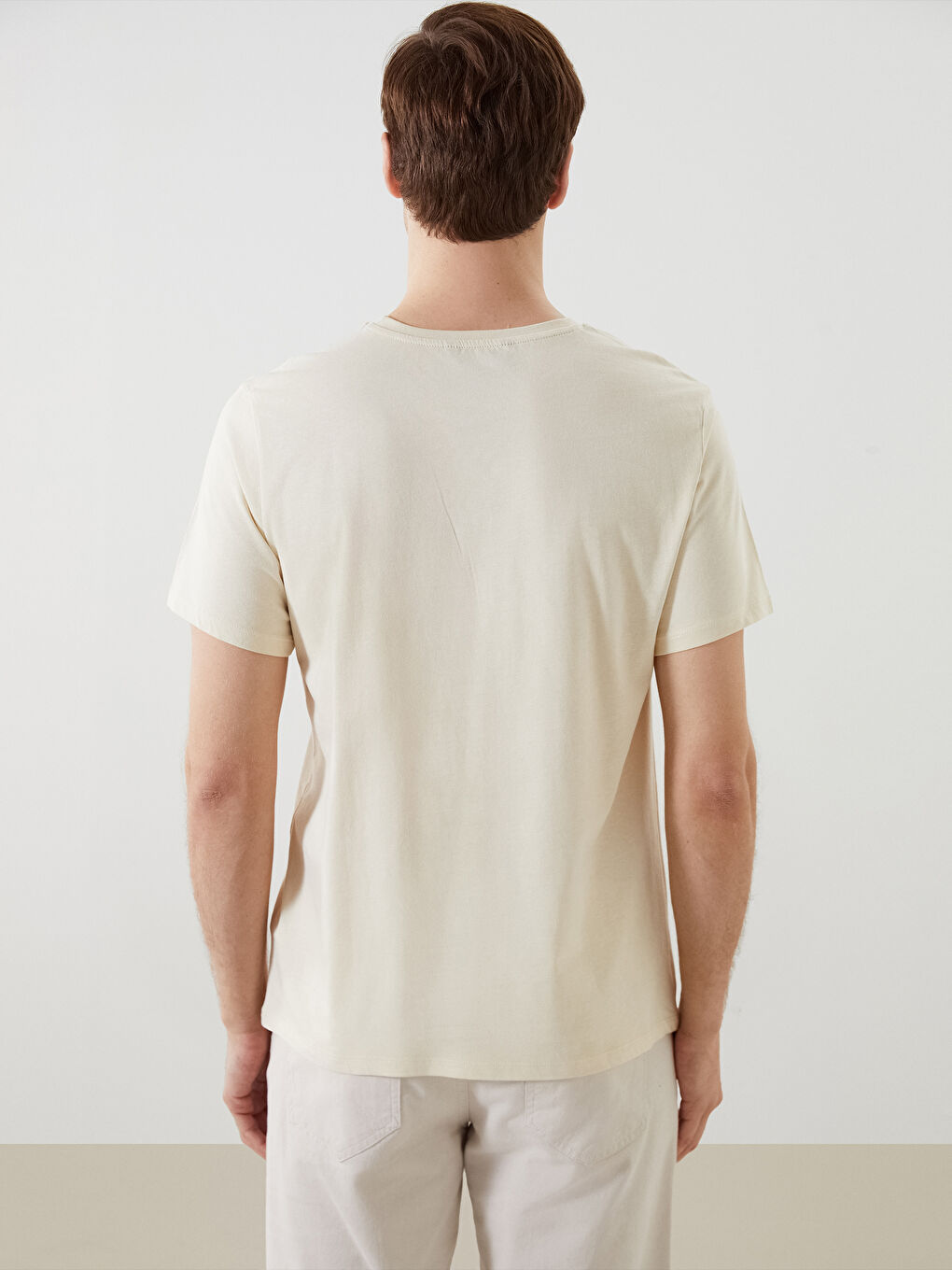 Bej Bisiklet Yaka Kısa Kollu Baskılı Penye Erkek Tişört-3