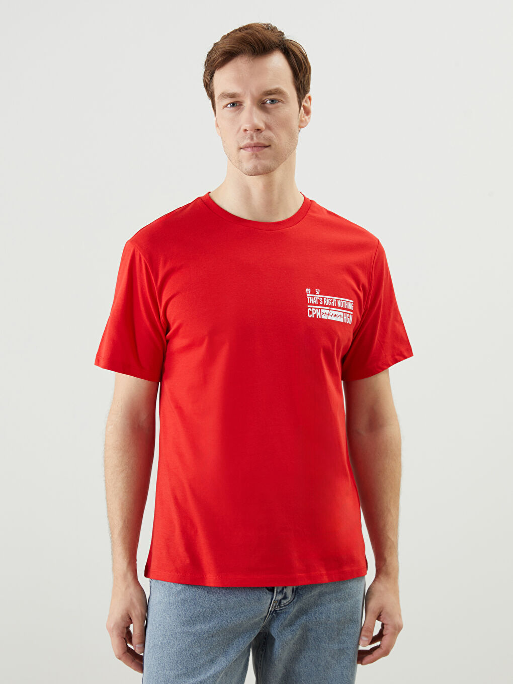 Kırmızı Bisiklet Yaka Kısa Kollu Baskılı Penye Erkek Tişört