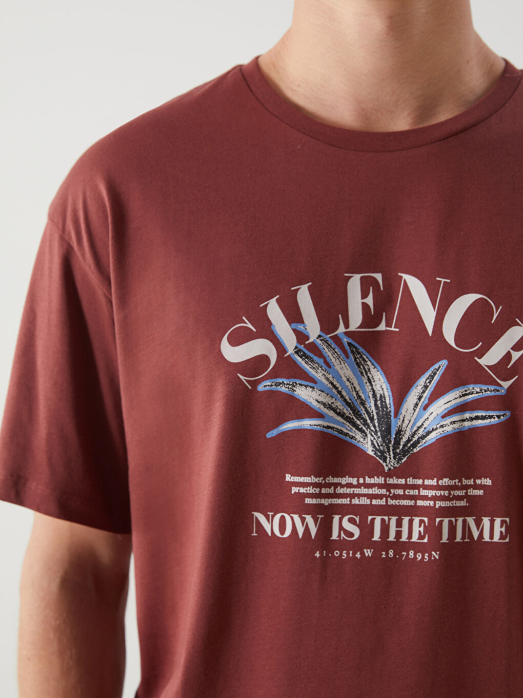 Bordo Bisiklet Yaka Kısa Kollu Baskılı Penye Erkek Tişört-2