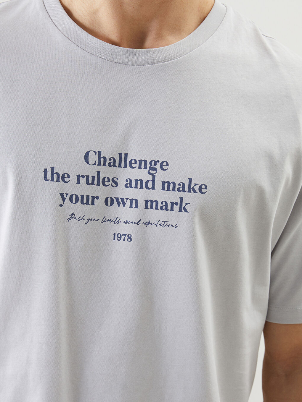 Gri Bisiklet Yaka Kısa Kollu Baskılı Penye Erkek Tişört-2