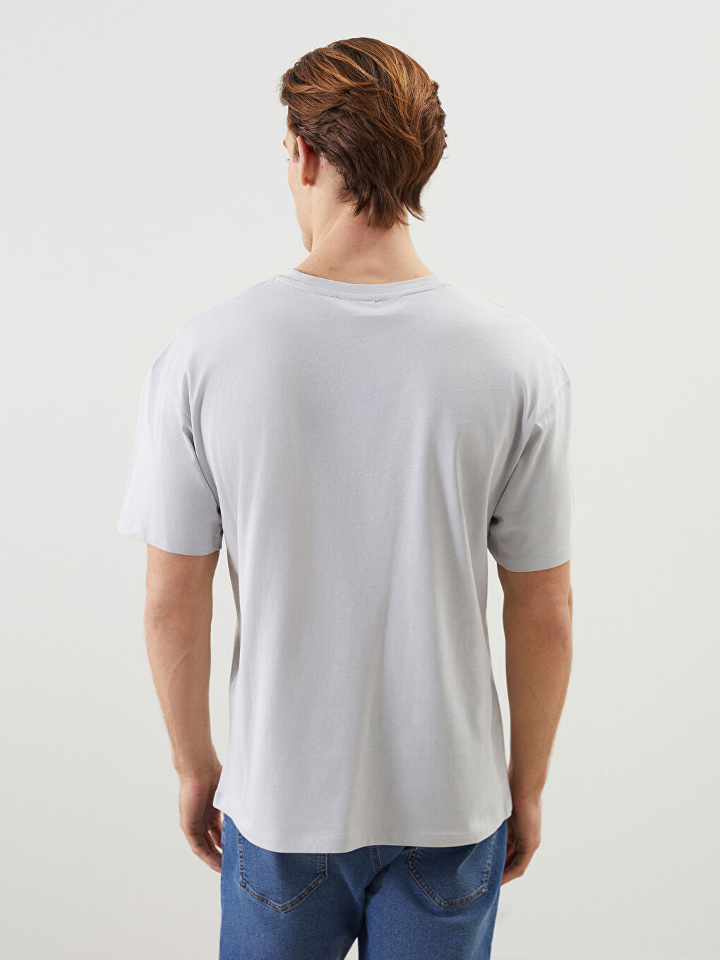 Gri Bisiklet Yaka Kısa Kollu Baskılı Penye Erkek Tişört-3