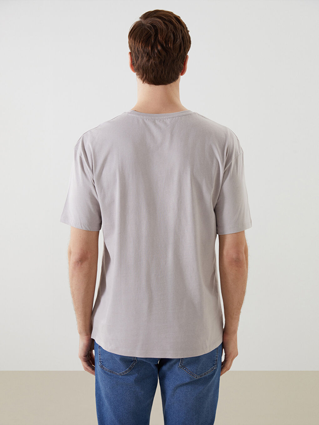 Gri Bisiklet Yaka Kısa Kollu Baskılı Penye Erkek Tişört-3