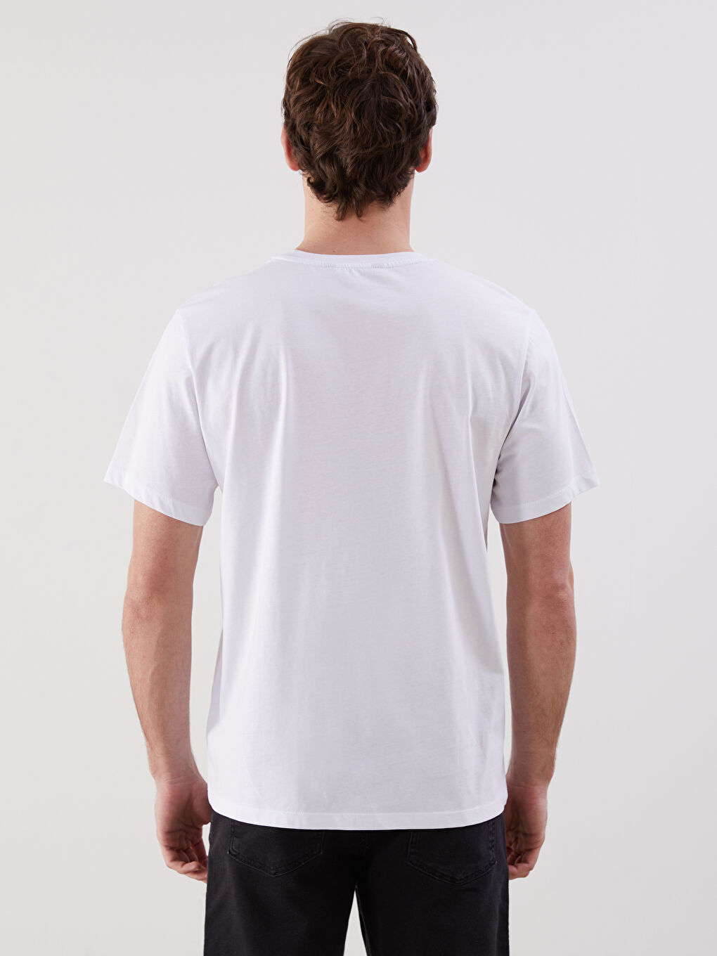Beyaz Bisiklet Yaka Baskılı Penye Erkek Tişört-3