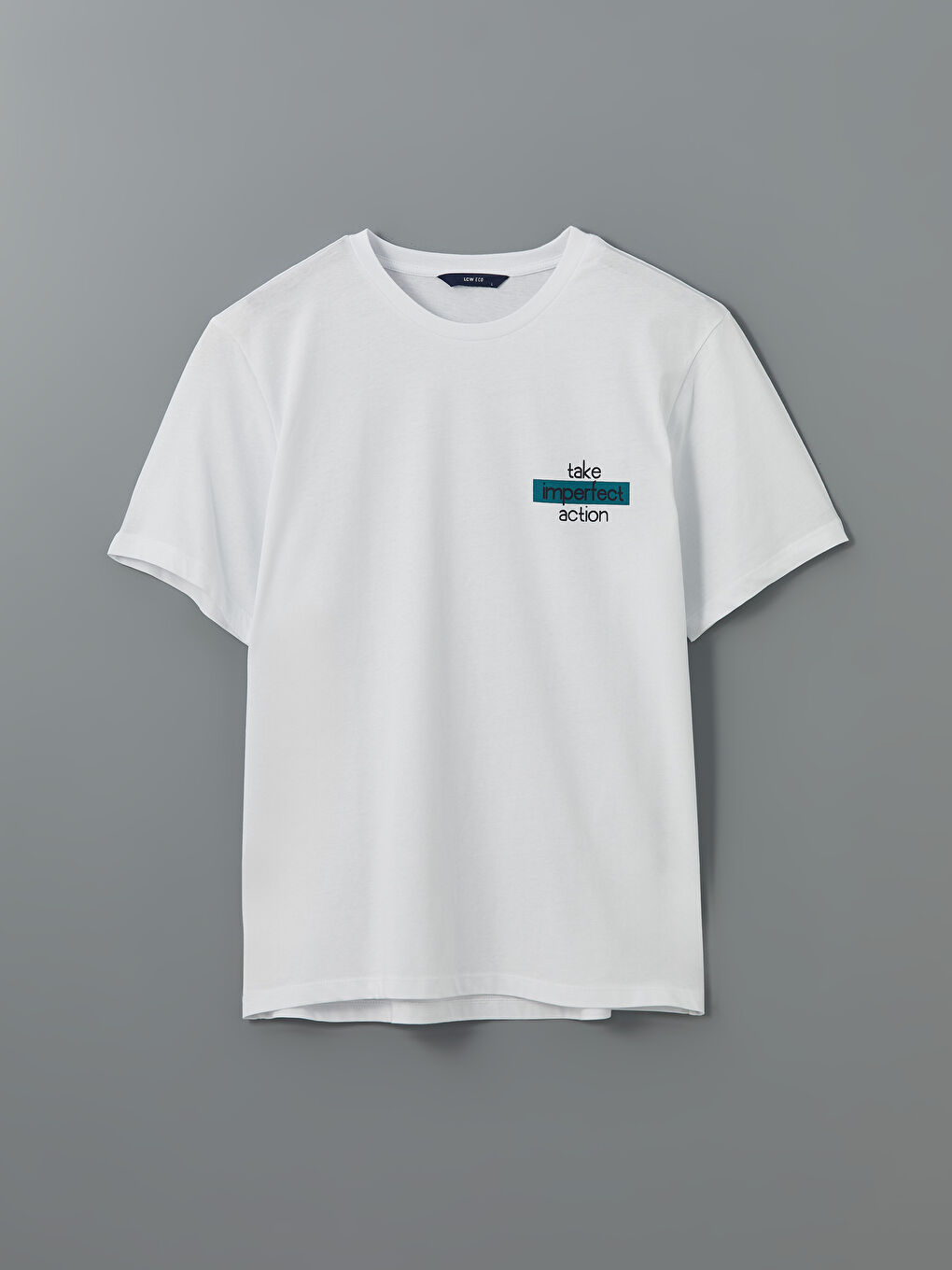 Beyaz Bisiklet Yaka Baskılı Penye Erkek Tişört-4